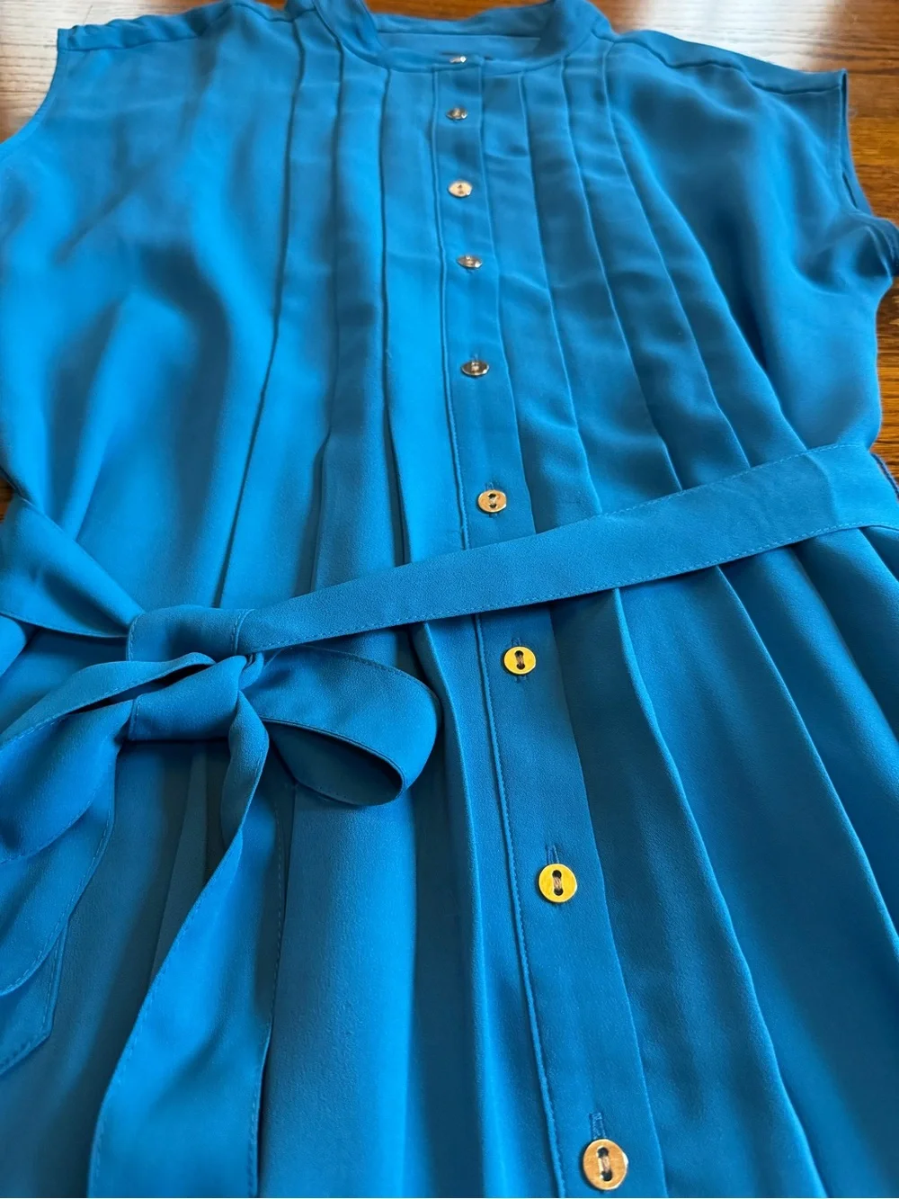 Ann Taylor Blue Shirt Dress Sleeveless Pleated Button Front Belted Lined 6